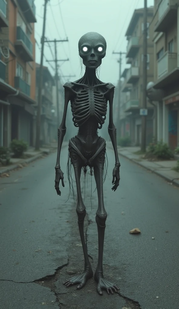 A skeletal woman, with long hair, dissected body, with the old and torn shed, standing in the middle of the deserted street, Nevoa.