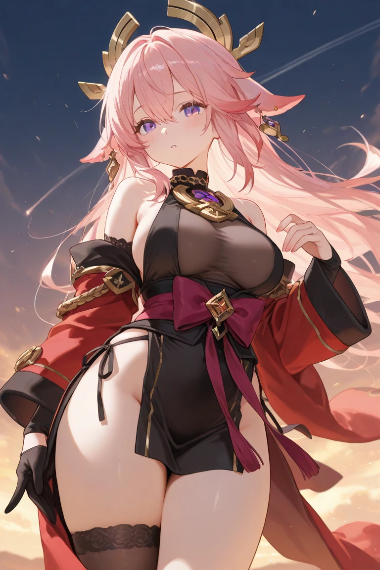 masterpiece, best quality, high resolution, UHD, 8k, ((cowboy shot)), BREAK, 1 girl, ((girl style anime)), Glossy skin, rounded eyes, beautiful eyelashes, realistic eyes, beautiful woman, with purple eyes, long hair, pink hair, with red balayage highlights, royal-metallic pink high-neck long-slit dress thick high heels with bracelets on their wrists, perfect body, medium breasts, BREAK, BREAK, in a clothe store very nice.