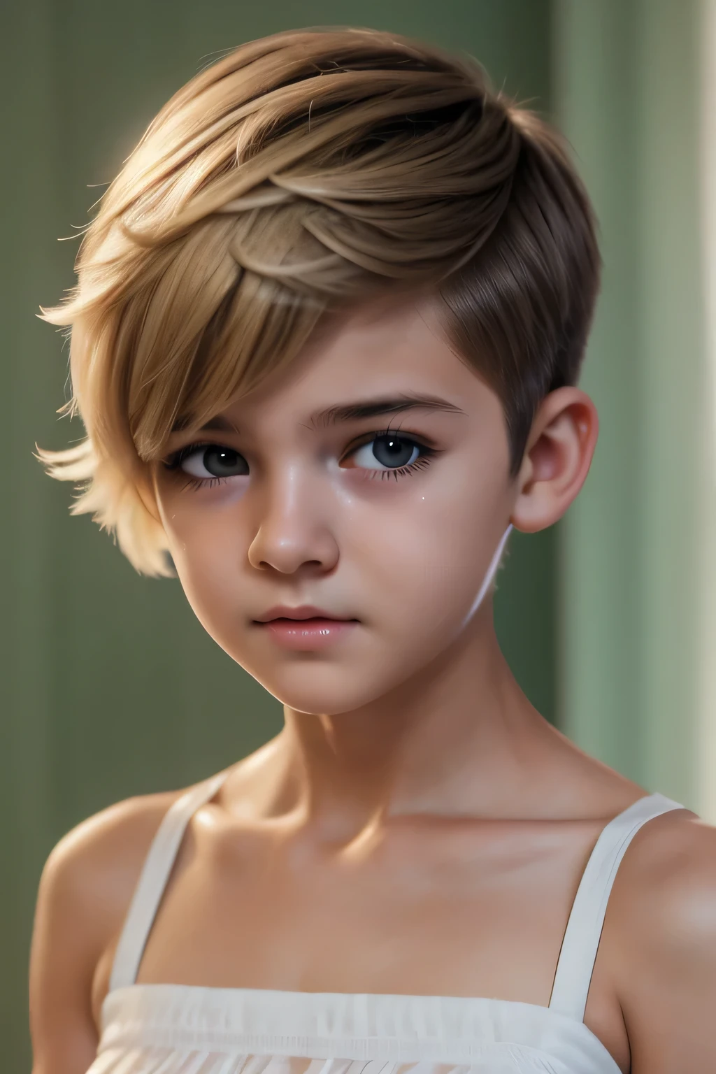 ((Femboy)), Shorthaircut Stylish, adorable, 1 femboy, (face to face), , ((baby face)), (cry sad face expression), half body portrait, (face details: 1), (eye details: 1), ((small breasts:1.3)), Cute posed. proportional body. Ultra High Res. realistic: 1.4, UHD, (sarong white top strapless), (white underwear)