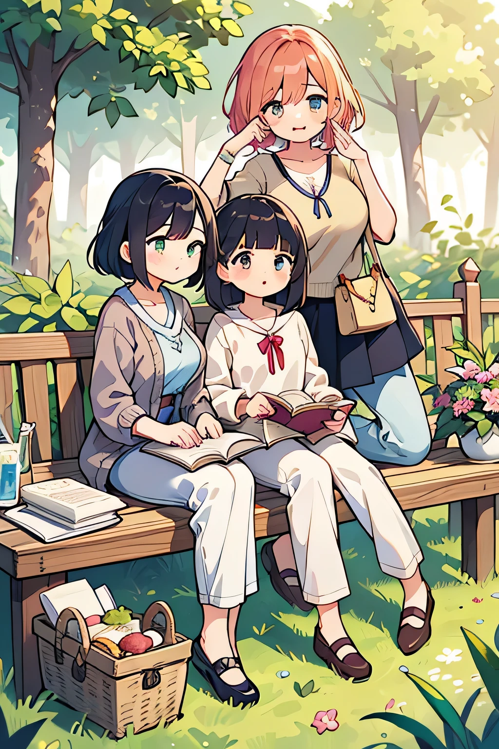 top quality、high definition、(high image quality:1.3)、masterpiece、detailed background、(Highly Detailed Face:1.3)、(detailed eyes:1.3)、age beauty、(huge :1.3)、(Normal number of fingers:1.2)、anatomically correct、Perfect Body Line、Bright-colored hair、ponytail、braided bob cut、a green lawn、 riverside promenade 、small garden cafe、A weekend with nice weather、bring a homemade bento with friends Go on a picnic、Basket bagにお気に入りのドリンクを入れて、natural spring vibe、fun atmosphere、big smiles、

(three girls who spread out the sheet and relax:1.5)、

A relaxing time reading a book and chatting while listening to the birds chirping、floral blouse or sheer shirt、white denim or loose wide pants、dark colored knit cardigan、beige flat shoes、Basket bag、cute