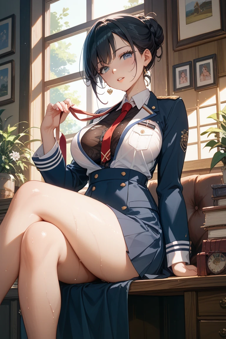 Professional Woman Photography、masterpiece,Colossal tits、1girl in、shinny skin、flirt、From above,(bangss)、 (full of sweat:1.3)、Blur the background、 photo of 18 year old woman, Blue Panties, (Blue lace panties), pantyshot, Spread your legs apart, skirt by the, student clothes, sockes, dark brown hair, blurry backround, knee high, white shirt, lowfers, life-like, s lips, Brown-eyed, Black socks, neck tie,Dark blue pleated skirt, looking to side, Brown Footwear, top-quality, ultra-detailliert、school classrooms、Angle from below、skin gloss、skin gloss、Skin-friendly、heavy sweat on the thighs、Slender eyes、Mature beautiful face、Seductive eyes、Lifting thighs、Back lighting、Navy blue blazer uniform and patches、waist bending、m-legs,perfect hand, Beautiful and perfect legs