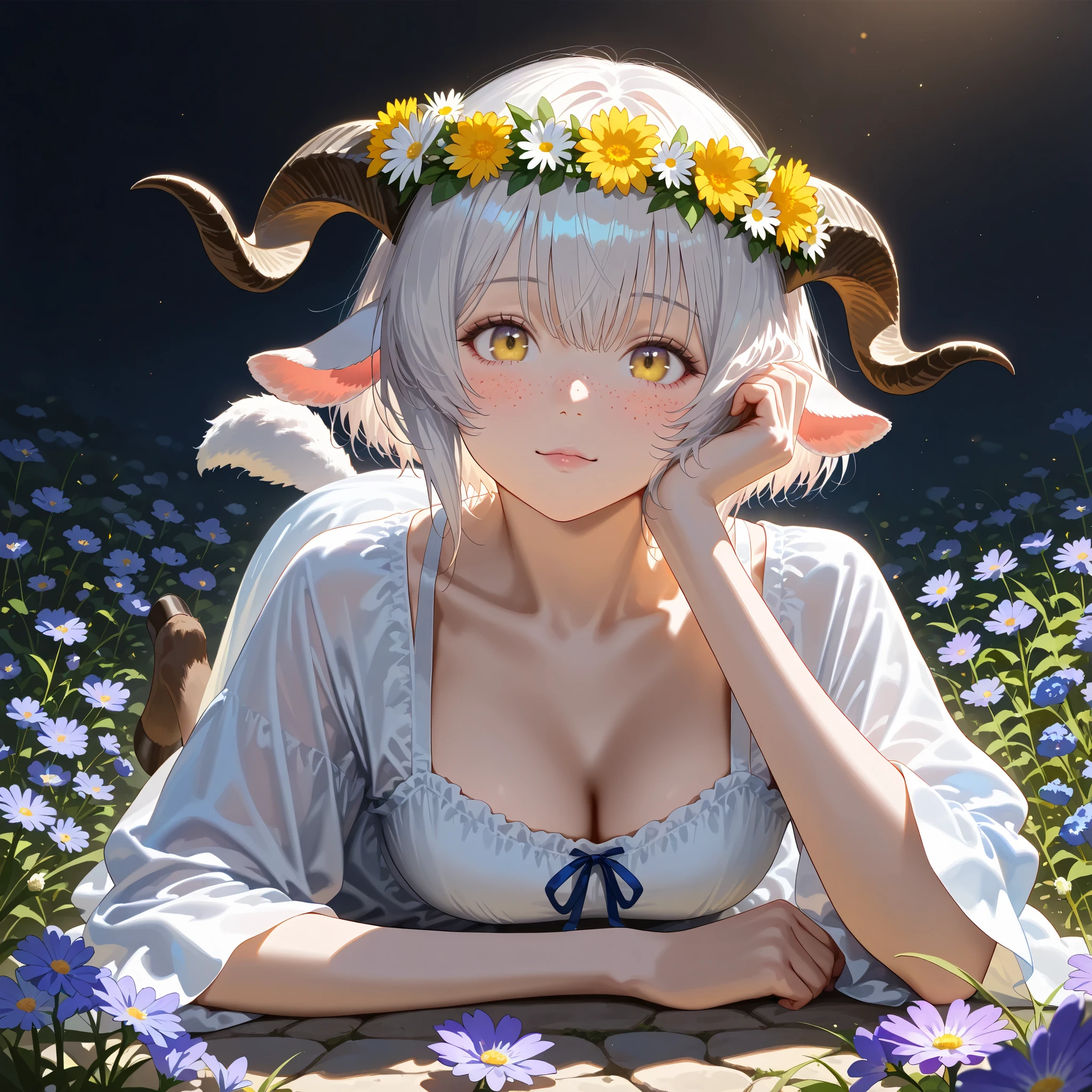 (High CT quality,4k,High resolution,mainpiece:1.1),(Very detailed,Realistic:1.37,Best quality,masterpiece, high resolution,on_body), (Tyndall effect,photorealistic, Edge lighting, Two-color lighting),(high definition skin:1.1), (8K UHD, DSLR quality, soft lighting, high quality, surround lighting, sincere, de 8K , 4K, 8K.) A village goat girl. white short goat horns grow on her head, and she has goat hooves ,little goat tail and fluffy goat ears. she has white skin covered with blush and freckles. She has short white hair and a bob haircut. She has purple-yellow eyes. She is wearing a white sundress with an open neck and breeches with long airy sleeves. She has a wreath of dandelions and daisies on her head. Background : a sunny day in an endless field where many wildflowers such as dandelions, daisies, lavender, bluebells and cornflowers bloom.