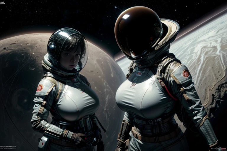 Highly detailed RAW color Photo, Rear Angle, Full Body, of (female space marine, wearing white and red space suit, (space helmet), tined face shield, oxygen tank, accentuated booty), outdoors, (leaning over rocky Rim, looking out at advanced alien structure), on exotic alien planet, toned body, big butt, (sci-fi), (mountains:1.1), (lush green vegetation), (two moons in sky:0.8), (highly detailed, hyperdetailed, intricate), (lens flare:0.7), (bloom:0.7), particle effects, raytracing, cinematic lighting, shallow depth of field, photographed on a Sony a9 II, 50mm wide angle lens, sharp focus, cinematic film still from Gravity 2013
