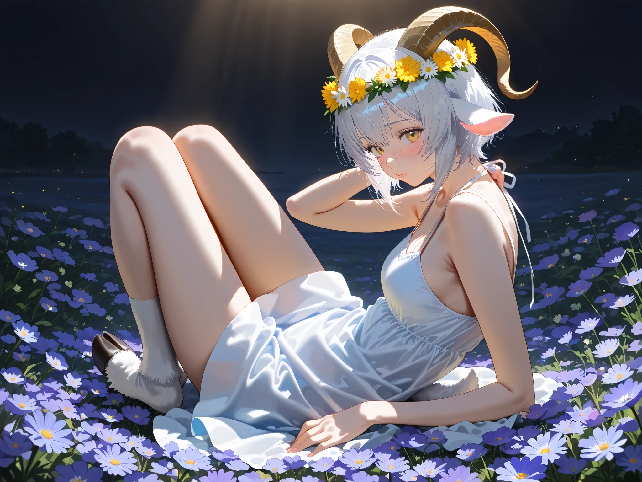 (High CT quality,4k,High resolution,mainpiece:4.3),(Very detailed,Realistic:1.37,Best quality,masterpiece, high resolution,on_body), (Tyndall effect,photorealistic, Edge lighting, Two-color lighting),(high definition skin:4.3), (8K UHD, DSLR quality, soft lighting, high quality, surround lighting, sincere, de 8K , 4K, 8K.) A village goat girl. white short goat horns grow on her head, and she has goat hooves on her legs,little goat tail and fluffy goat ears. she has white skin covered with blush and freckles. She has short white hair and a bob haircut. She has purple-yellow eyes. She is wearing a white sundress with an open neck and breeches with long airy sleeves. She has a wreath of dandelions and daisies on her head. Background : a sunny day in an endless field where many wildflowers such as dandelions, daisies, lavender, bluebells and cornflowers bloom.