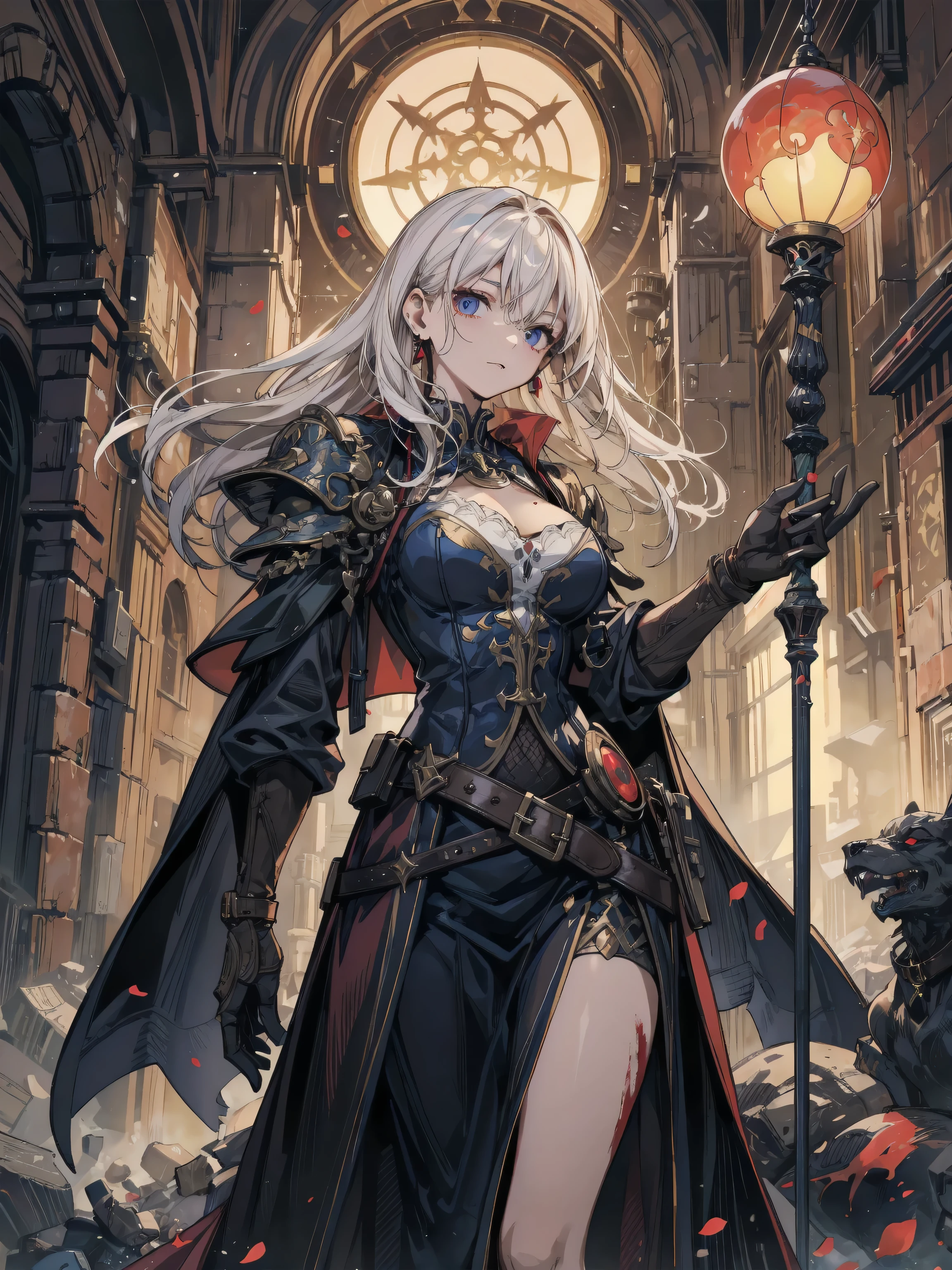 sexy woman, petite, perfect body shape, small breast, holding giant scythe, battle suit outfit, silver color breast plate, battle skirt, (royal cape:1.1), main color is matte black, secondary color is purple, ((bloody body detailed)), sexy and devil aura, original character, masterpieces, seducing purple pupil, black high pony tail with some purple hair, 20 years old, walking under blood moon and middle of the destroyed city street, 3A game CG quality, purple gem accessories, golden belt, golden necklace, windy and holy effect, devil tattoo.