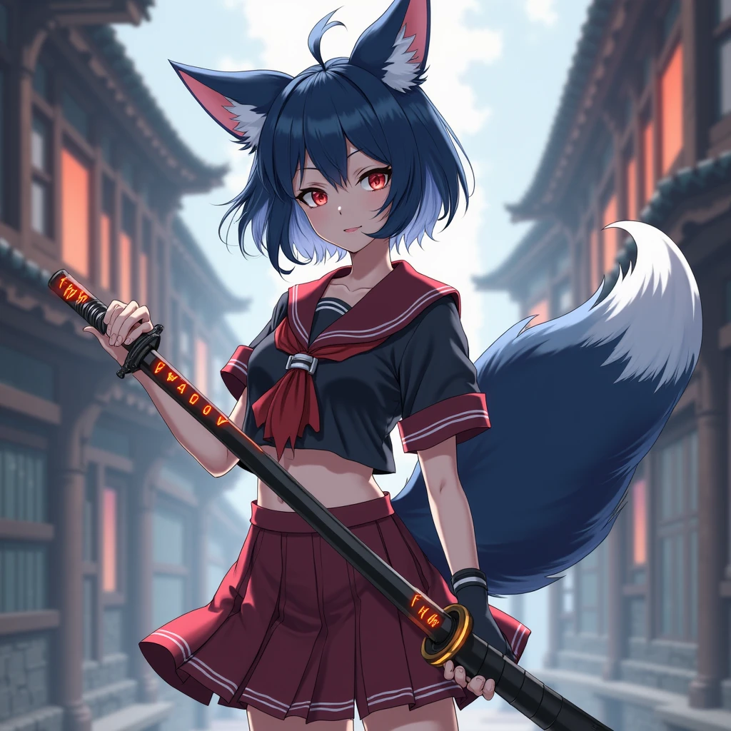 cute young girl, blue hair, long twintail hair, light blue eyes, fox ears, fox tail, muscular body, small breast, japanese outfit, fight with katana pose, fox mask