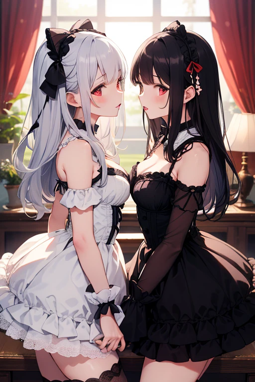 Anime girl with black cat ears and tail red eyes long black hair big breasts with a anime girl with white dog ears and tail long white hair white eyes big breasts both in sexy maid outfits that show a lot of skin