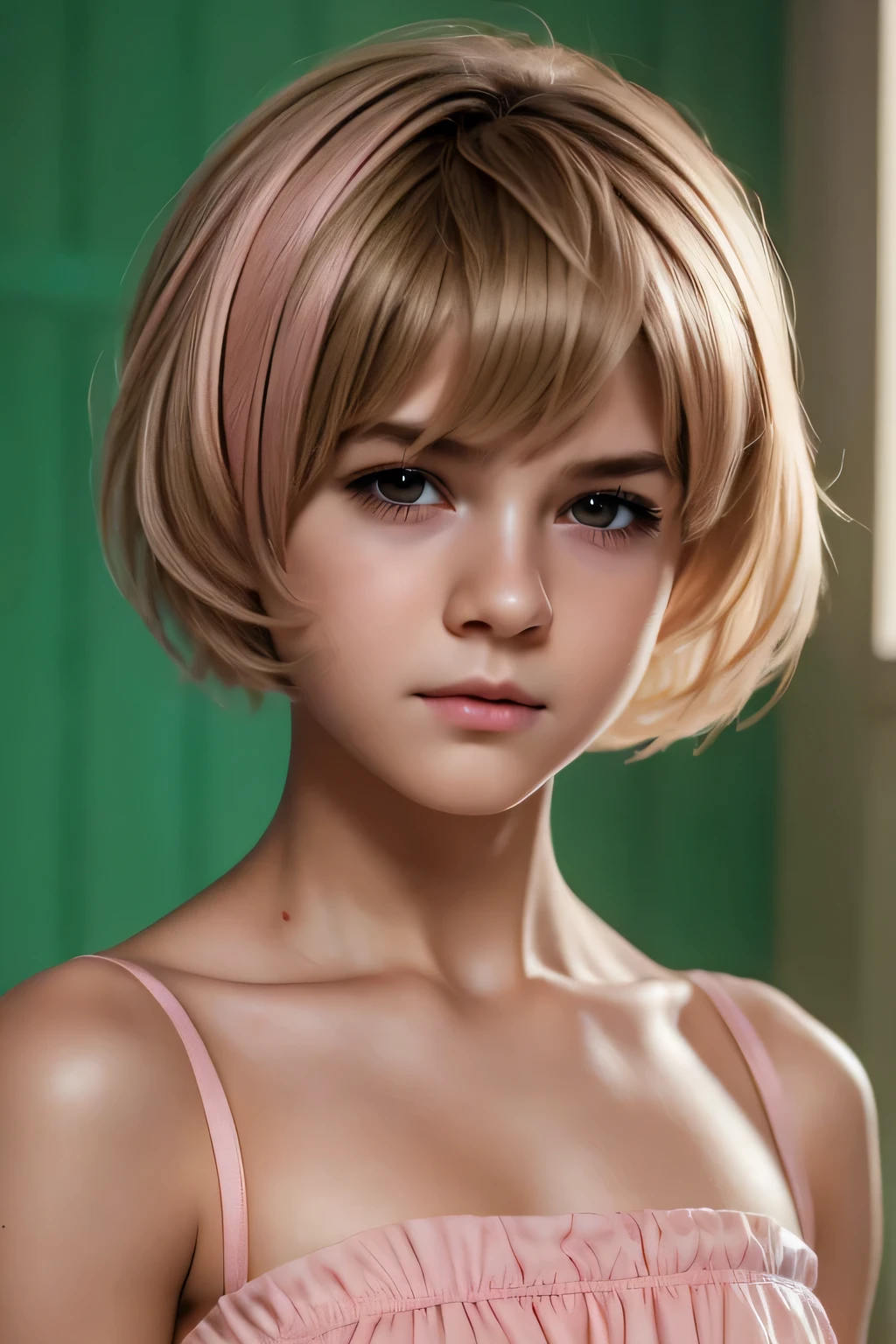 ((Femboy)), Shorthaircut Stylish, adorable, 1 femboy, (face to face), , ((baby face)), (cry sad face expression), half body portrait, (face details: 1), (eye details: 1), ((small breasts:1.3)), Cute posed. proportional body. Ultra High Res. realistic: 1.4, UHD, (sarong pink top strapless).