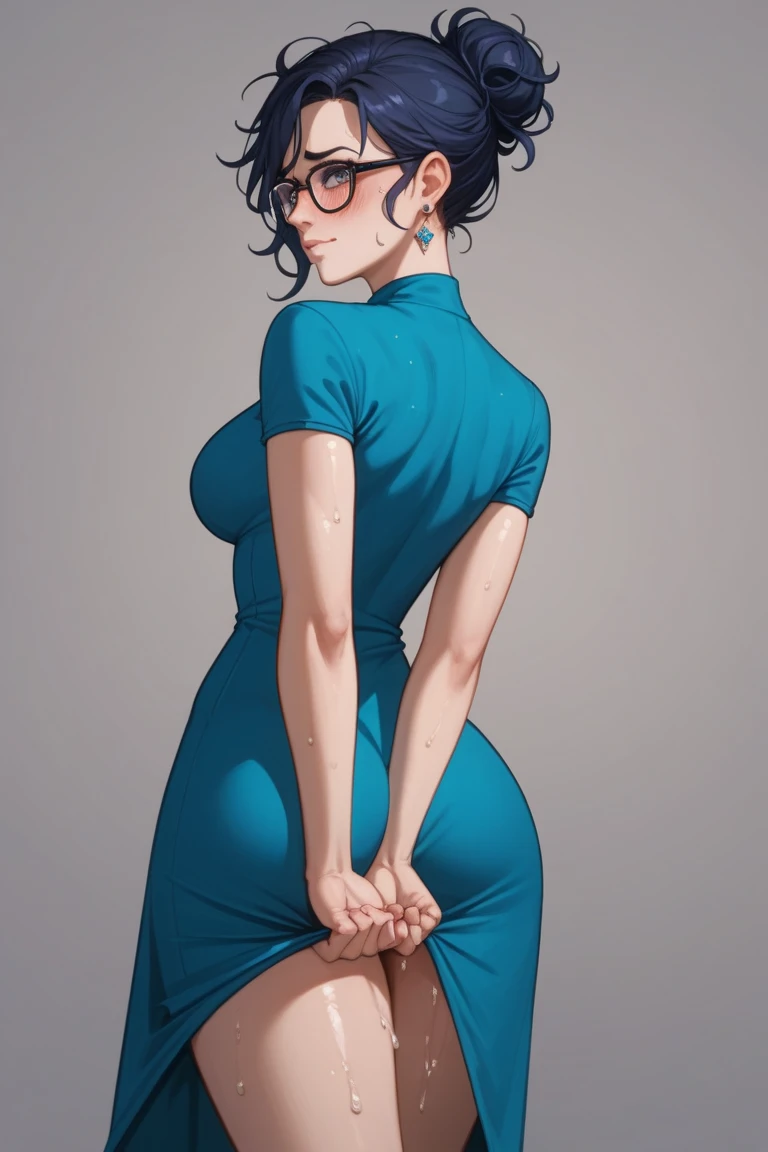 (masterpiece), (8k, best quality, high resolution), (ultra-detailed, realistic), (anatomically correct),  
((from head to thighs)), (Standing), (No background),
(1woman),  (looking at viewer), (pull the dress up to the navel), ((To show the navel)), 
(A Japanese woman, 30 years old and 155cm tall), 
(black hair), (straight hair), (short hair style), ((bob cut)), (hair behind ears), 
(wear glasses), ((black cell frame glasses)), 
((Wear a navy blue spaghetti strap dress)), ((Mini length dress with a simple design and minimal decoration)), 
(wear panties), ((white panties)), 
(Create a detailed image of the eye), 
(Her impression is pure, clean and kind.), 
((A captivating smile, just showing a few teeth.)), 　
