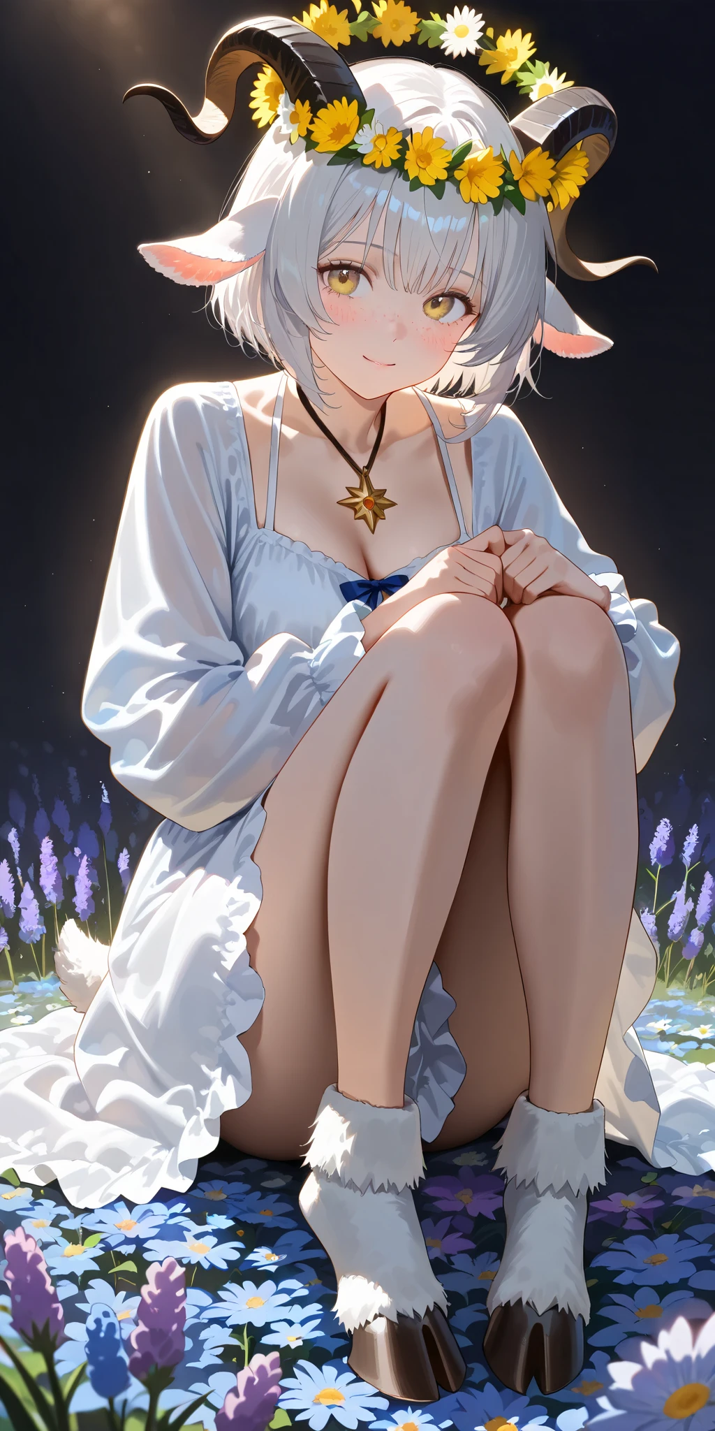 (High CT quality,4k,High resolution,mainpiece:1.2),(Very detailed,Realistic:1.37,Best quality,masterpiece, high resolution,on_body), (Tyndall effect,photorealistic, Edge lighting, Two-color lighting),(high definition skin:1.2), (8K UHD, DSLR quality, soft lighting, high quality, surround lighting, sincere, de 8K , 4K, 8K.) A village goat girl. white short goat horns grow on her head, and she has goat hooves on her legs,little goat tail and fluffy goat ears. she has white skin covered with blush and freckles. She has short white hair and a bob haircut. She has purple-yellow eyes. She is wearing a white sundress with an open neck and breeches with long airy sleeves. She has a wreath of dandelions and daisies on her head. Background : a sunny day in an endless field where many wildflowers such as dandelions, daisies, lavender, bluebells and cornflowers bloom.