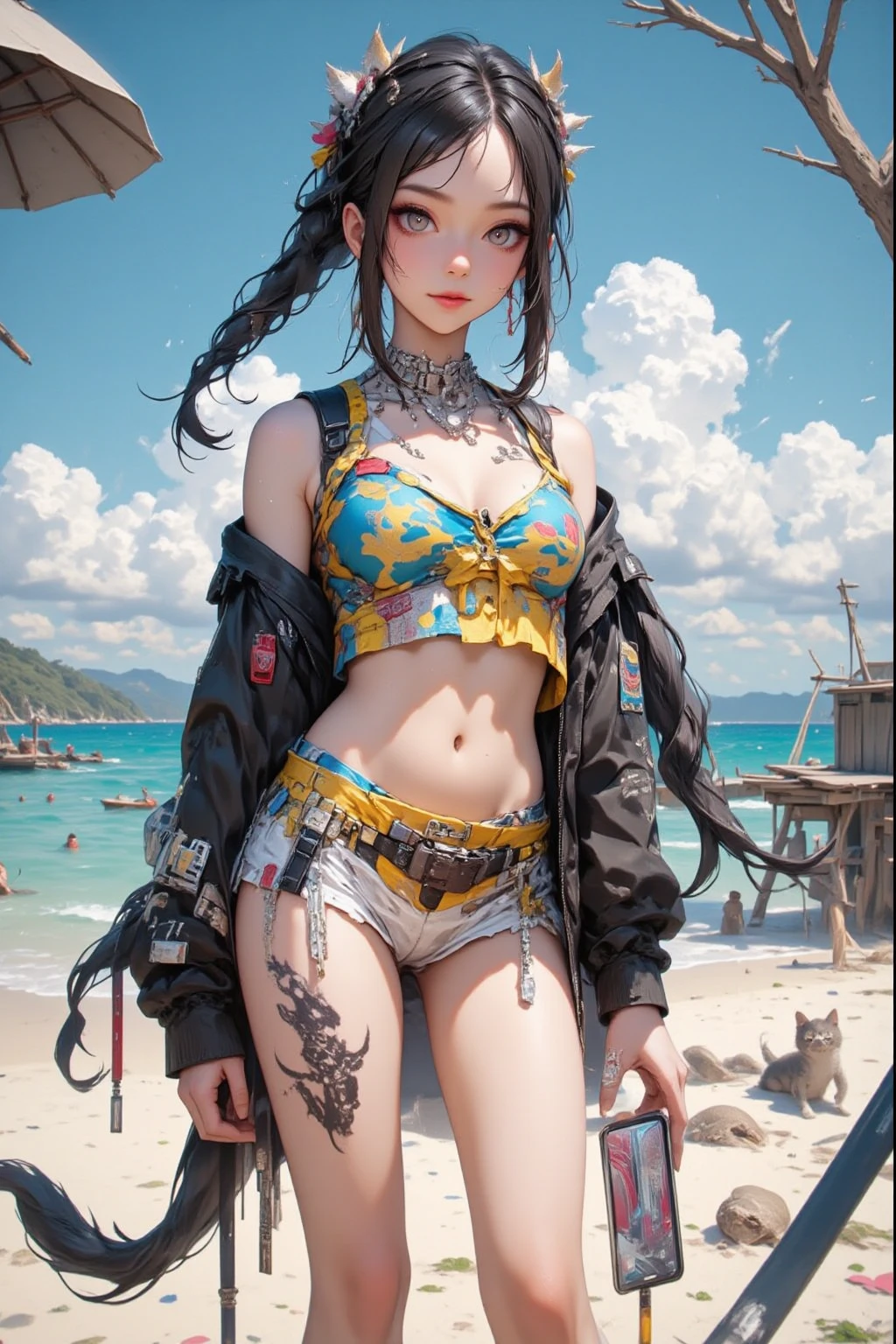 8K resolution 、high detail、Classy and elegant、cinematic lighting、vivid、surreal、(photorealistic stick:1.5)、(sharp focus)、(muste piece)、((1girl))、full body shot、photo of the whole motorcycle、Cute young woman in Japan、(Riding an old traditional shiny metallic silver bike on the pier)、shiny smooth light brown hair up to the shoulders,、(Tight and sexy latex bikini)、beautiful face、detailed and perfect face、perfect proportions、big breasts、thin waist、navel、big ass、gap between crotches、sexy thighs、staring at night view over the sea、extremely beautiful face、double eyelid、natural makeup、long eyelashes、glossy lips、fair skin、perfect limbs、perfect anatomy、