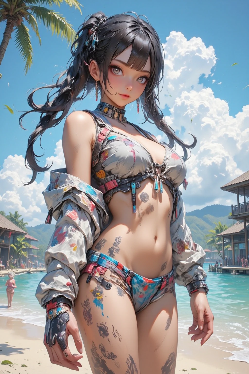 8k, digital painting, Comic Babes, drawing of a woman in a bikini sitting on a skateboard, candid for, giantess art, extremely Detailed woman, highly detailed giantess photo, sits on a roof, inspired by Tyler Edlin, cables on her body, painted and colored, high detail comic art, detailed woman, posuka demizu, high detail photo, extremely detailed giantess photo