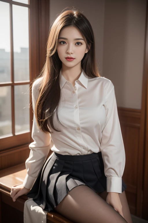 High heels、blouse、Navy blue mid-length skirt 、(Highest quality)、((Very detailed))、4K、(8K)、masterpiece、Very detailedな、Highest quality、Super Resolution、1 person、Kind Face、Soft Light、RAW quality、Soft Skin、163cm、White Room、Sit on a chair,30 years old、office
