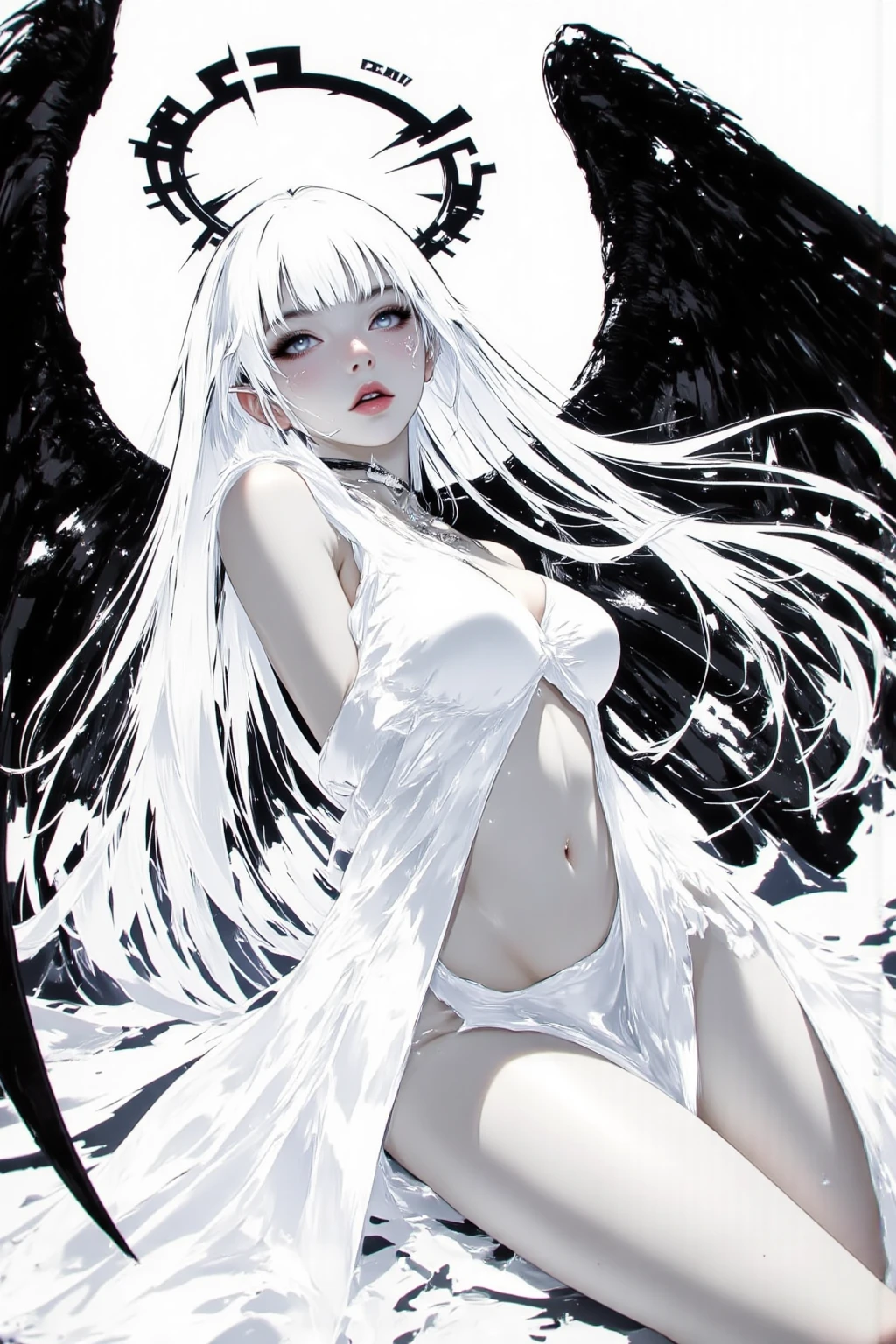 masterpiece, highest quality, (alone focus), (perfect face:1.1), (high detail:1.1), (highly detailed eyes), dramatic, A tall woman with white skin, voluminous white hair, White eyes, alone, long hair, Sephiroth, moon, night, white luxury suit, covered navel, swollen lips, arrogant expression, rose garden, detailed background, Art by artgerm, cinematic lighting, Rose, fashion, balenciaga style