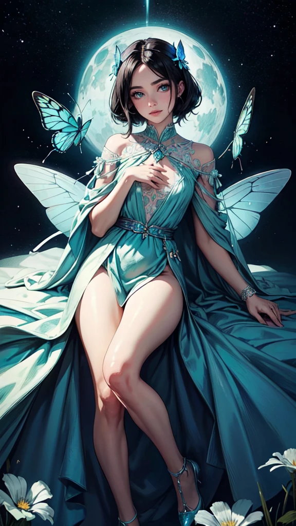 A beautiful black-haired woman transformed into a light fairy
