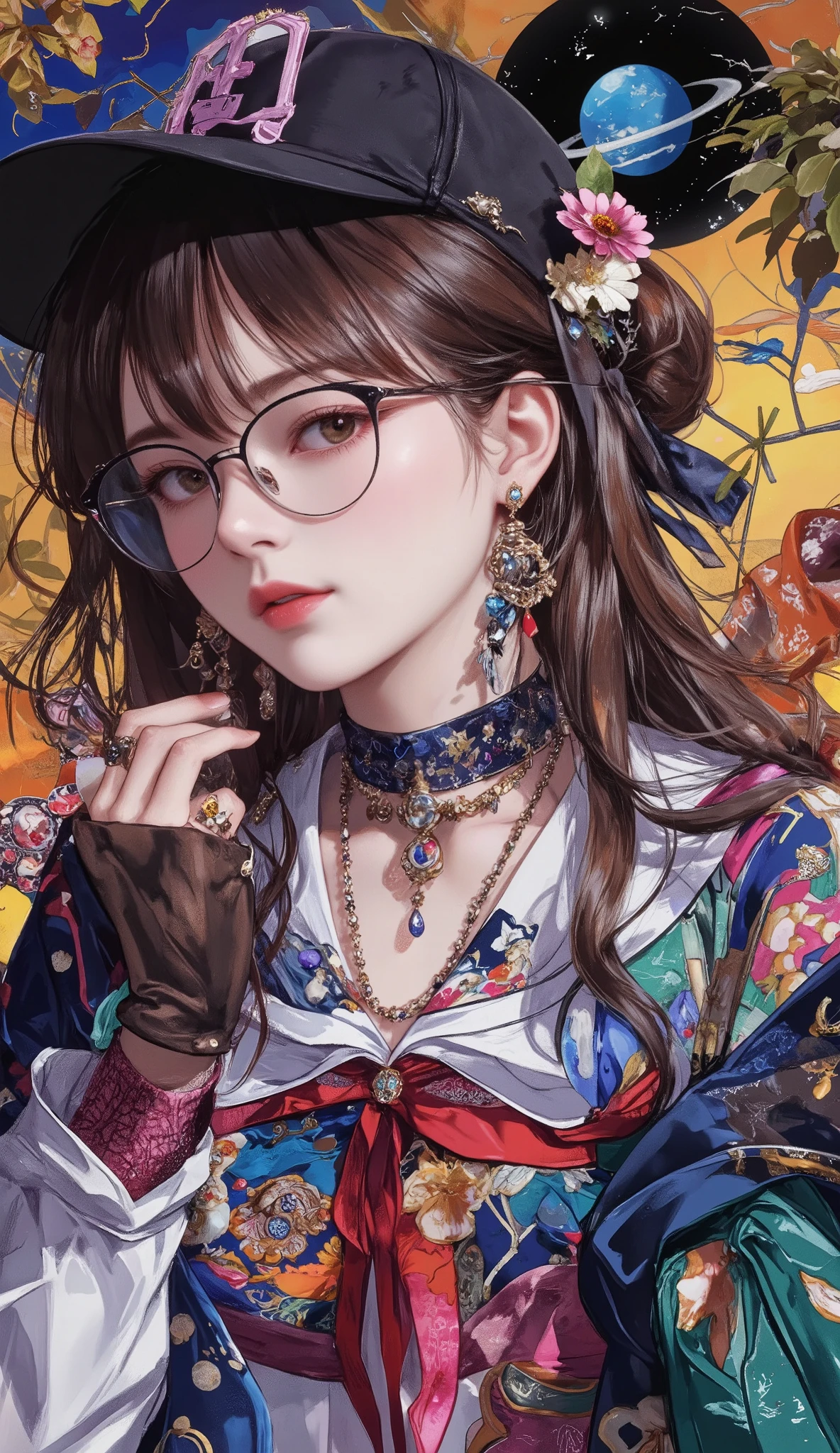 masterpiece, Best Quality, ultra resolution, perfect anatomy, one woman, Detailed Faces, Small clothes、Small hat、Large glasses、Large Necklace、small planet、A very big flower、Cubism、Fauvism、fantastic, dramatic, dynamic, absurd, metaphysics