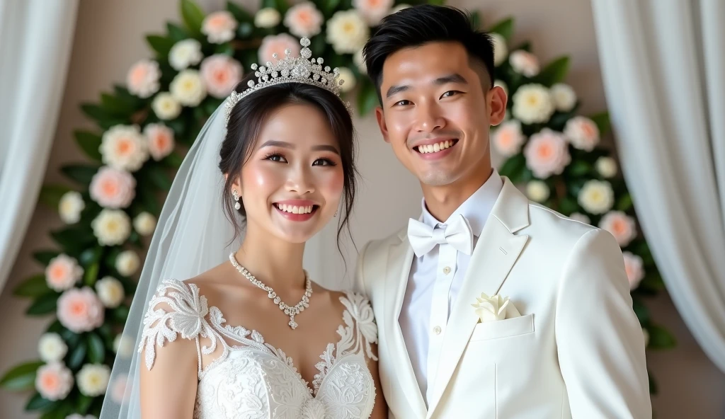 celebrating the wedding anniversary (a handsome man wearing a men's suit tuxedo wedding dress and his face facing the front) (a beautiful woman wearing a baby blue wedding dress, veiled with a pearl crown on her head and her face facing the front) the background has a white ross flower  blue