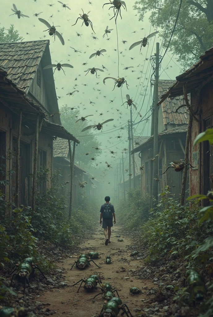 create an image as if it were the second phase of a game with the theme: save yourself from mosquitoes and the main character is a  child with a repellent in his hand, who is returning home and needs to arrive safely, but he needs to escape from the dengue mosquitoes
