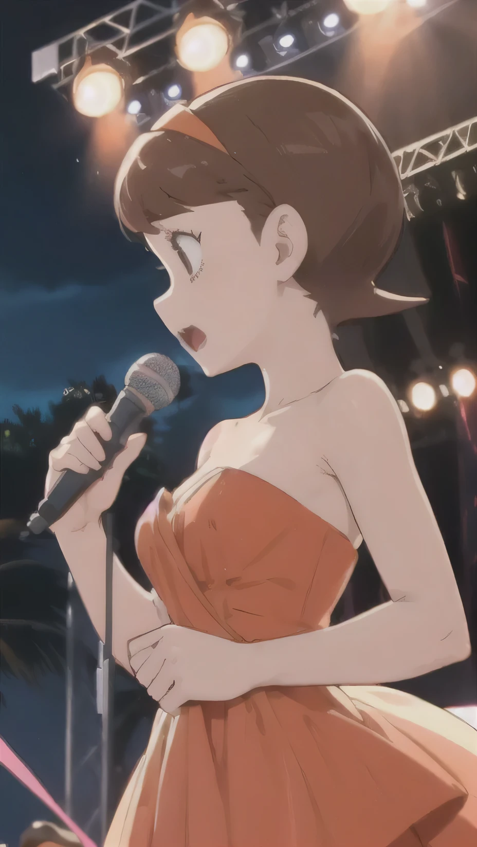 Cute tall slim hoshinosumire, young adult, medium breasts, wearing an orange strapless dress, holding a mic on a stage, night show, energetic, wind blowing her dress and hair too looking epic
