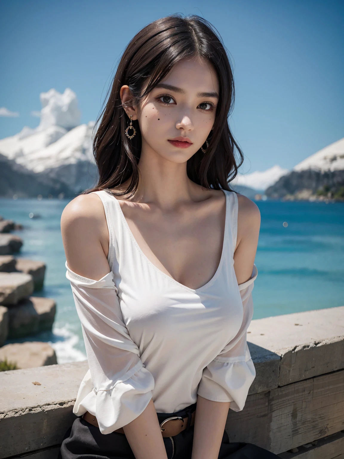 Beautiful woman with perfect figure:1.6,Ultra-high resolution,4K,Sailor Suit,Beach Background,Long hair,Big Breasts,cute,White legs,(Lifelike:1.4),Layered hairstyle,White skin,whole body,Very delicate face and skin texture,Double eyelids,Skin Whitening,