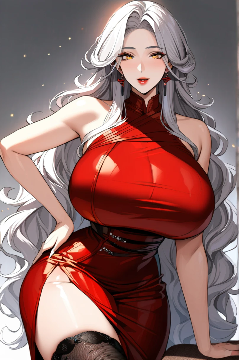 Hot sexy young babe, blue eyes, white hair,big silver chandelier earrings ,long blunt hair ,red lipstick , smooth skin,red dress,sharp jawline, detailed face, bangles, necklace ,huge breasts,
