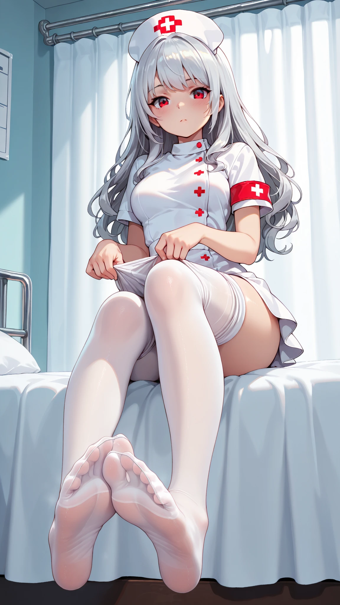 female, white long hair, red eyes, (((1girl))), (((black nurse's uniform with white trim))), (white thigh high socks), (black nurse's shoes), cute and sexy, full body, huge breasts, huge butt, long legs, smiling