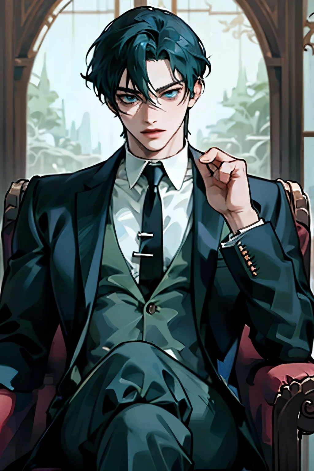 anime - style image of a man in a suit and tie sitting in a chair, beautiful androgynous prince, delicate androgynous prince, tall anime guy with blue eyes, anime handsome man, handsome guy in demon slayer art, anime portrait of a handsome man, handsome prince, male anime character, handsome anime pose, male anime style, wearing a black noble suit