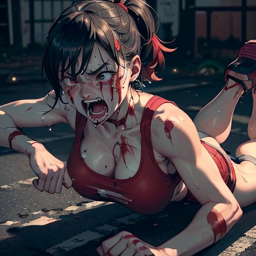 a bloody beautiful young Japanese female streetfighter is beated down in the backstreet. a male streetfighter is standing behind her. Blood is dripping from her nose. She is covered in scars and bruises. She's on all fours. she is damaged terribry. she was defeated. she lost the fight. she was knocked out. Short-cut black hair, out of breath, drooling from mouth, crying, exhausted, drenched in sweat. one eye closed, Erect nipples. open finger glove. denim shorts, sports-bra