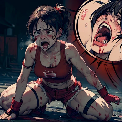 two person. whole body she is wearing tattered sports bra and denim shorts. a male streetfighter is grabing her head from behind her. a bloody beautiful crying japanese female streetfighter is beated down in the backstreet. Her expression is sad. Blood is dripping from her nose. She is covered in scars and bruises. She's on all fours. she is damaged terribry. she was defeated. she lost the fight. she was knocked out. Short-cut black hair, out of breath, drooling from mouth, crying, exhausted, drenched in sweat. one eye closed, Erect nipples. open finger glove. Tattered sports bra and denim shorts