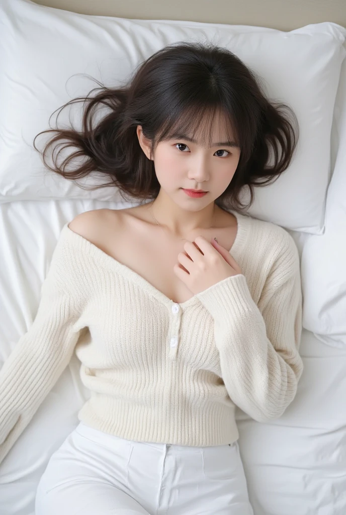 ((Highest quality、masterpiece、、Best image quality、Ultra-high resolution、Award-winning works)、(Idol costumes、Off the shoulder、Girl in a miniskirt:1.8)、(Accurate anatomy:1.1)、(On the bed、(Sleep on your back:1.8))、(Please open your mouth:1.8)、(Spread your legs:1.7)、Ultra-high resolution for bright and fair skin、The most detailed face、Ultra-high resolution detailed face、Ultra-high resolutionの髪の毛、Ultra-high resolutionの煌めく瞳、Beautiful face drawn in every detail、(Blurred Background:1.1)、very bright and vivid、beautiful japanese actress face、whole body:1.6、Small breasts:1.6、(Clothes are open)、Her breasts are protruding