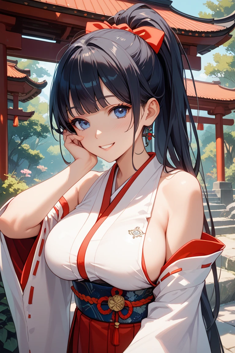 (masterpiece:1.3, highest quality, ultra high resolution, super detailed), (realistic, photorealistic:1.4), beautiful illustrations, perfect lighting, Natural light, colorful, Depth of the bounds written, nfsw,
looking at the viewer, (face focus, Upper body), 1 girl, Japanese, high school girl, perfect face, Cute symmetrical face, shiny skin,
(middle hair:1.5, low twin tails:1.7, brown hair), asymmetrical bangs, dark red eyes, (medium breasts),
beautiful hair, beautiful face, detailed and beautiful eyes, beautiful clavicle, beautiful body, beautiful breasts, beautiful thighs, beautiful feet, beautiful fingers,
((shrine maiden clothes, long sleeve, for a long time, hair ribbon)), (cute smile, upper eye, parted lips), off shoulder
(beautiful scenery), winter, dawn, (New Year, first visit), (shrine), crowd, snow, snowfall:1.5, freezing weather, Frost, Are standing, walk,