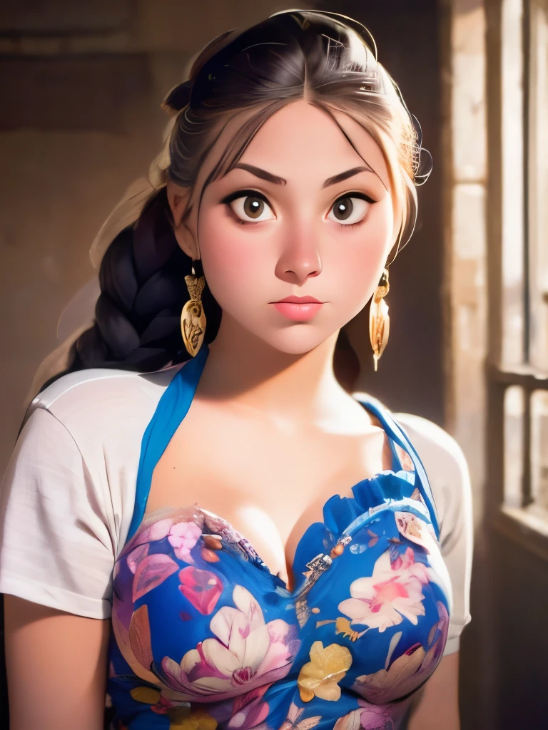 masterpiece, highest quality, (solo:1.4), (Vermeer girl with a pearl earring), aroused, (cleavage:1.4), (big soft boobs:1.2), (hands on own breast:1.2), (view from behind), looking back at viewer <lora:add_detail:0.6>