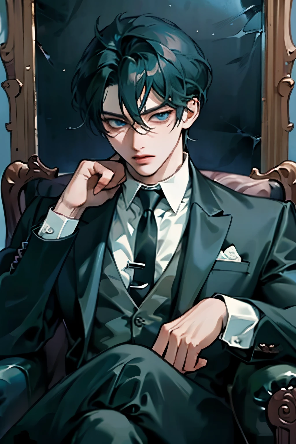 anime - style image of a man in a suit and tie sitting in a chair, beautiful androgynous prince, delicate androgynous prince, tall anime guy with blue eyes, anime handsome man, handsome guy in demon slayer art, anime portrait of a handsome man, handsome prince, male anime character, handsome anime pose, male anime style, wearing a black noble suit