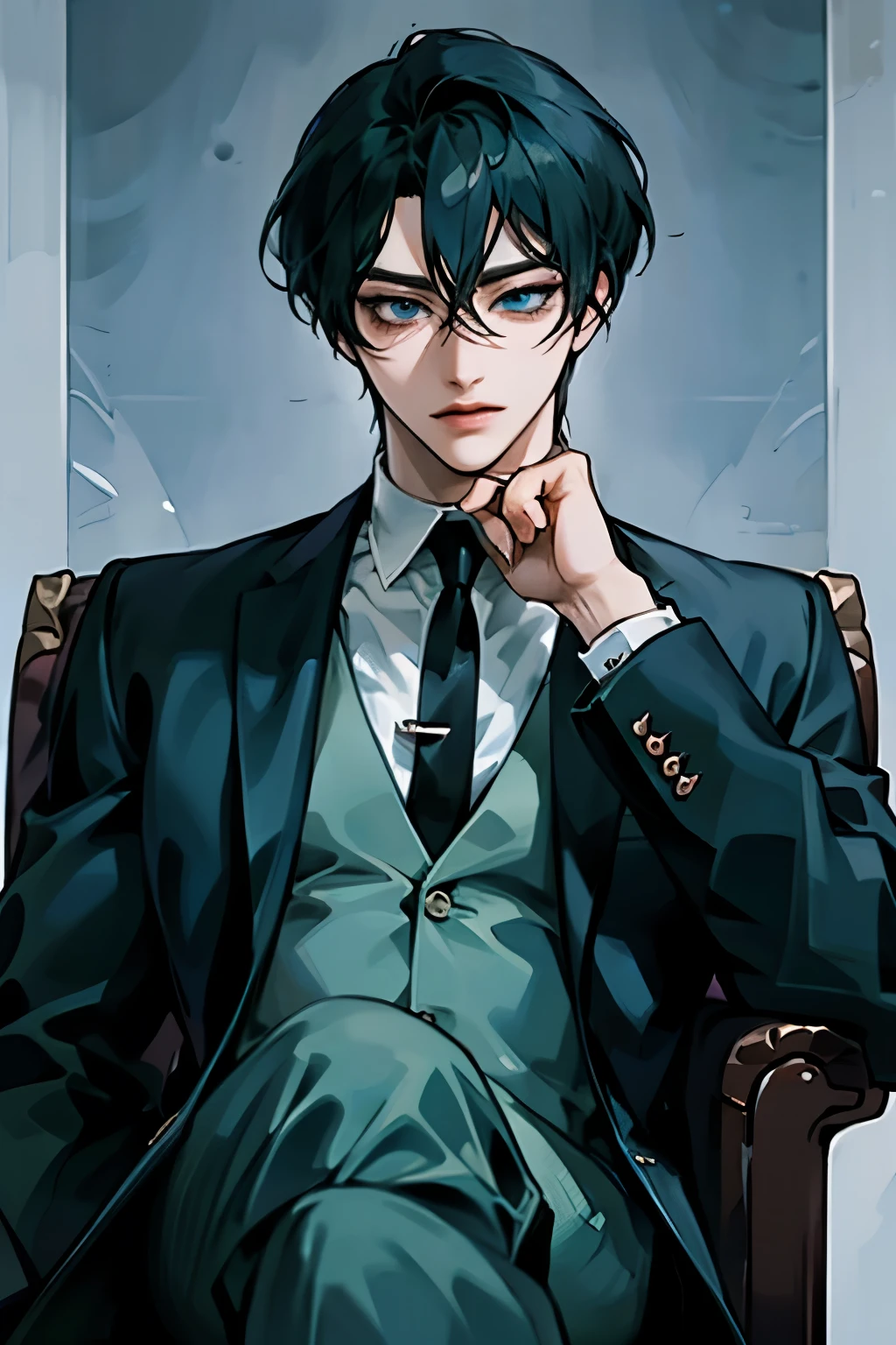 anime - style image of a man in a suit and tie sitting in a chair, beautiful androgynous prince, delicate androgynous prince, tall anime guy with blue eyes, anime handsome man, handsome guy in demon slayer art, anime portrait of a handsome man, handsome prince, male anime character, handsome anime pose, male anime style, wearing a black noble suit
