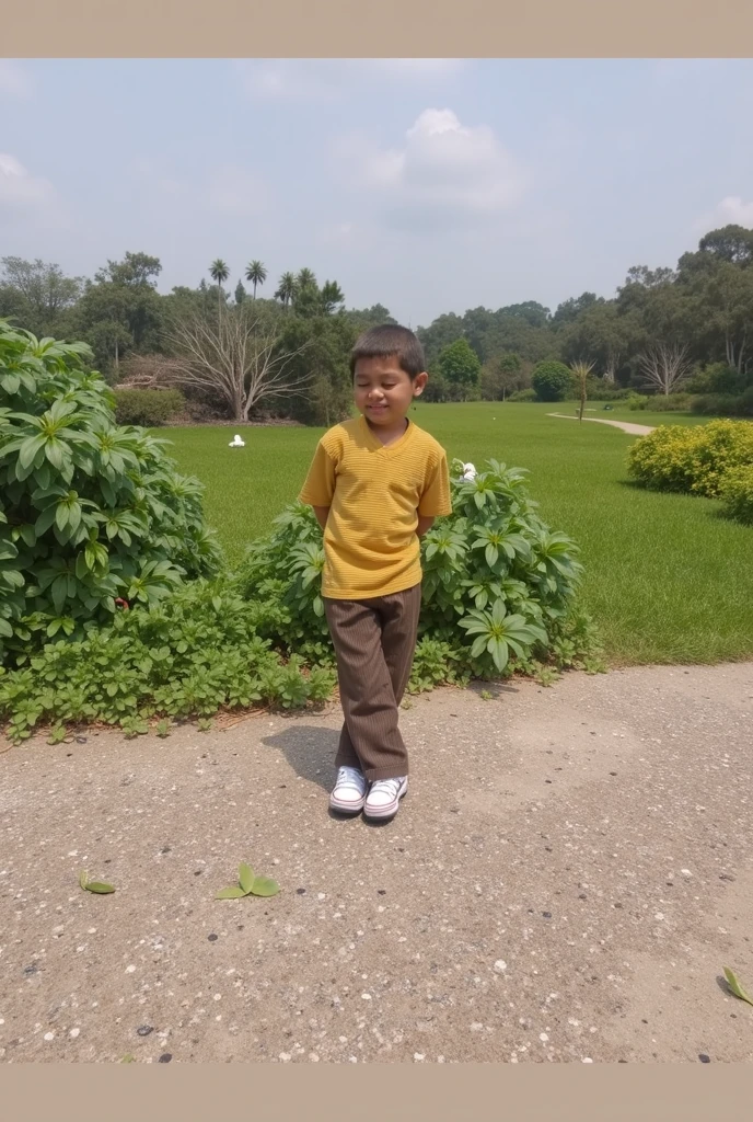 arafed boy standing on a concrete slab in front of a rice field, ???, potrait, ayan nag, young boy, barong family member, ismail, 5 years old, reyyan, by Abidin Dino, old picture, comming, little ???, in a village, scenary, with village, in jungle