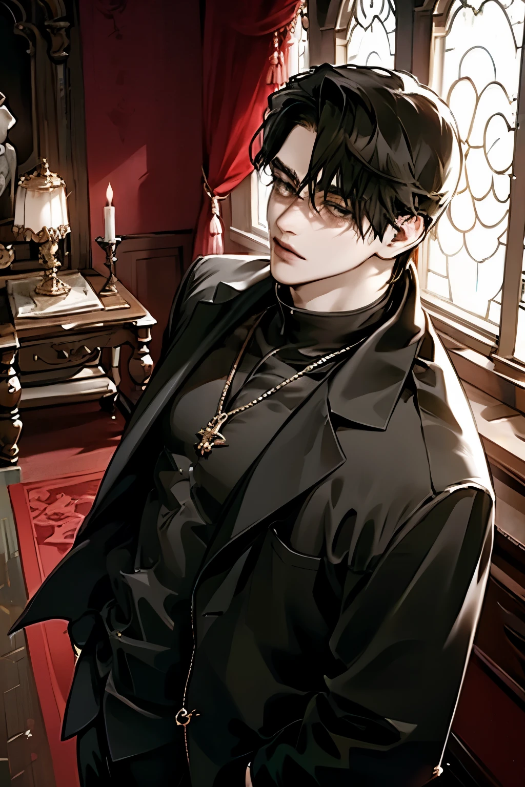 The image depicts a person with medium-length, slightly tousled hair wearing a dark, fitted jacket layered over a high-collared, dark shirt. The outfit is adorned with a prominent, intricate necklace, serving as an accessory that adds to the individual's stylish ensemble. The lighting appears to come from a window, suggesting an indoor setting with urban scenery visible in the background. The scene is enhanced with soft, natural lighting casting gentle shadows, contributing to a sophisticated and introspective atmosphere.