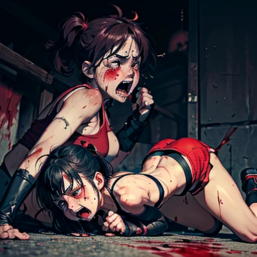 a bloody japanese girl street fighter and a lady street fighter is fighting in te back street. the girl is lying down. the lady is attacking the girl. the lady is punching the girl so hard. the girl has no energy. the girl is crying and screaming. the girl has short-cut black hair, shortness of breath, drool from her mouth, closed eye, exhaustion, and sweat soaked. open finger grobe. full body. Muscularity. Six pack abs. Erect nipples.
