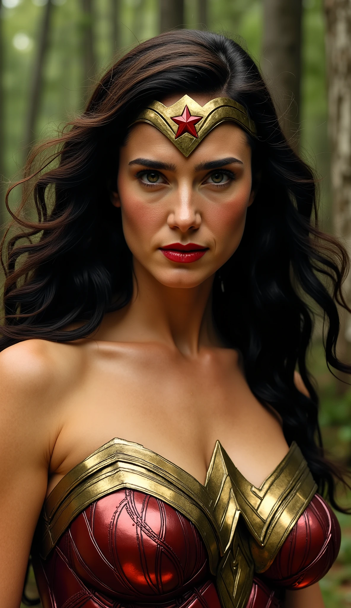 Wonder Woman , highlighting her role as a leader and symbol of hope, is a figure of strength and elegance, that transmits power , but also a deep humanity. Seu rosto, marked by experience, it displays a firm expression, but welcoming . Her eyes are intense and penetrating, but also a vulnerability that connects her with others, in a version focusing only on her upper body. The eye transmits determination, but also a trait of empathy, Even in a more intimate posture focused on the upper body. Her hair is long, with natural waves, and seems to almost float around her, The golden armor that covers her chest is polished. as if she were always attentive to the needs of those around her, que reflete a luz de maneira sutil. The tiara with the red star shines determination, as if being pulled by a gentle wind. Wonder Woman isn't just a warrior, The dark tone of her wires stands out against soft shine of her brown skin {x} with subtle lines of wear that indicate that it has been tested by battle, but still preserves your strength. The ribbon of truth, with its discreet brilliance, rests next to your waist, and her posture transmits confidence and serenity. as if her inner strength were the true source of her beauty, she exudes an aura of silent power, reflecting a wisdom acquired over many battles. Wonder Woman não é apenas uma guerreira; she is also a symbol of justice, Strength and humanity. background a realistic wooden sculpture in a forest