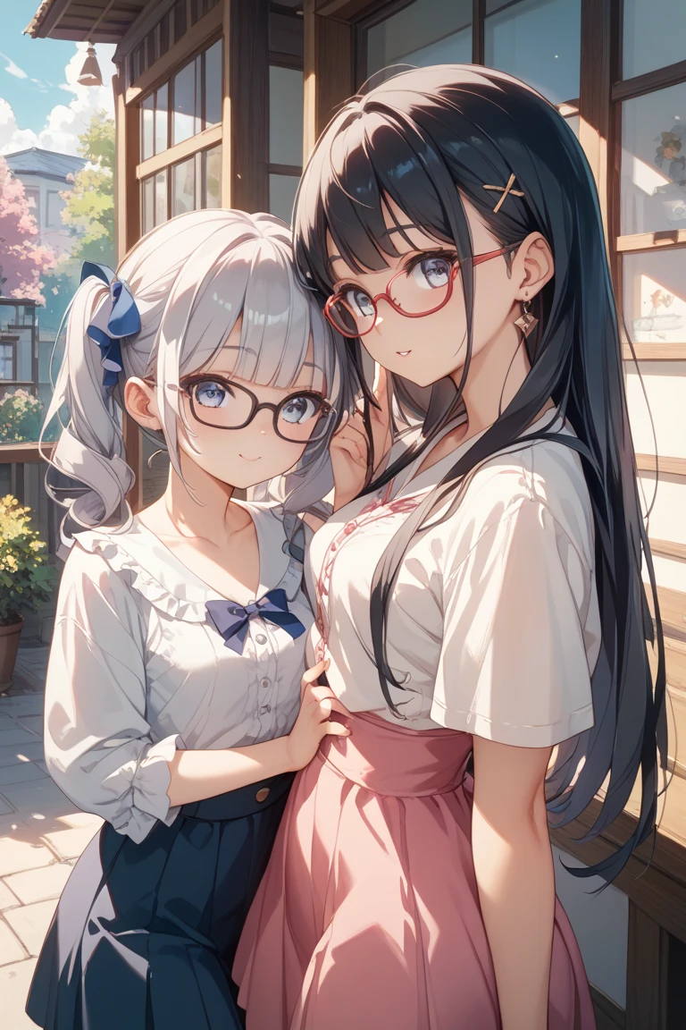 highest quality,wonderful,finely,extremely detailed CG Unity 8K wallpaper, (Stand in line:1.2), (3 girls, cute eyes, Black Hair, Blue Eyes, Glasses, double bun, clothed), (sparkling eyes:1.2), (small breasts), (wariza:1.4), (cleavage), (midriff peek:1.2), (open mouth:1.1), (long tongue:1.1), (mouth drool:1.1), (black stockings:1.1),(Thighs:1.2),(Waistline:1.1),(Waistline), (From above:1.4)