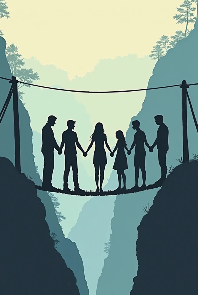 5 Silhouettes of people holding hands helping to cross a suspension ...