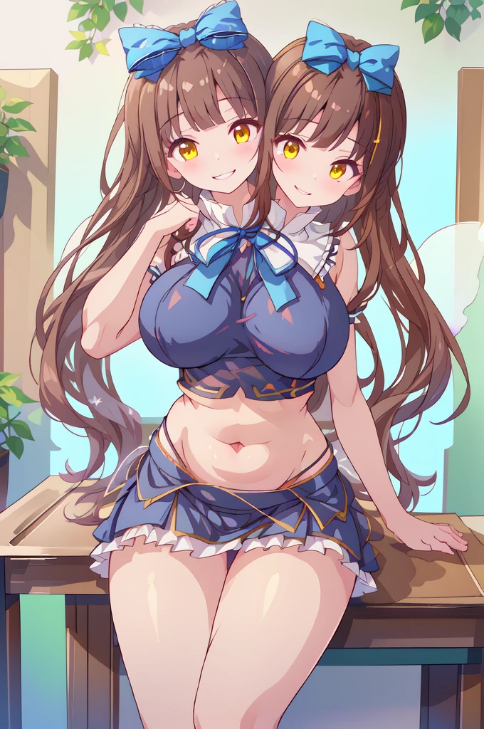 (masterpiece, best quality), best quality, (ultra-detailed), ((3heads:1.5)), 1girl, (star sapphire:1.3), masterpiece, best quality, ultra quality, ultra resolution, ultra detail, white top, crop top, ((stomach)), midriff, ((groin)), open midriff, white and blue skirt, miniskirt, normal ears, shackles, dark brown hair, ((brunette)), very long hair, wavy hair, sidelocks, yellow eyes, detailed eyes, parted lips, fairy wings, sweat, cute, open belly, toned belly, hand on own chest, eyelashes, (24 year old woman:1.3), (masterpiece:1.5), (best quality:1.5), (beautiful detailed), extremely detailed CG, extremely delicate and beautiful, depth of field, (finely detailed face), (perfect details:1.2), (mature female:1.3), wide pelvis, slender, large veiny breast, 16k resolution, highres, high quality, high definition, extremely detailed, masterpiece, dark brown hair, long hair, alluring presence, braid, short skirt, miniskirt, close up, very big tits, huge tits, young, blue ribbon attached to the hair, butterfly-shaped wings, open belly, midriff, nsfw, bare stomach, girl with three heads, three headed girl,