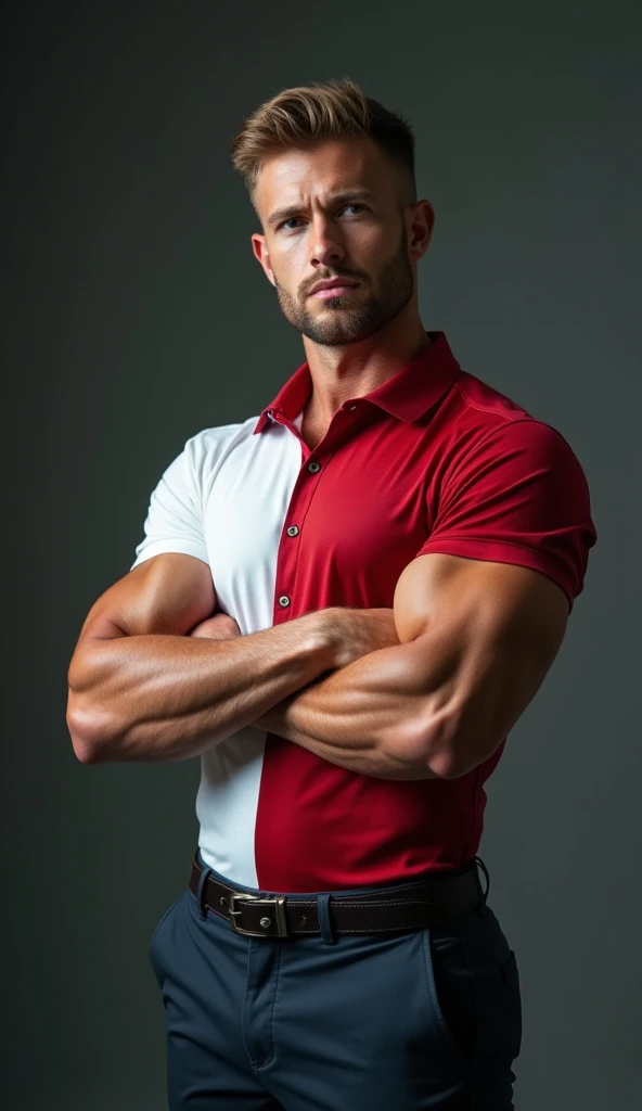 Man with light blue jeans fitted to his body, with a huge bulge between their legs, with white skin tanned, Muscular 20-year-old, straight nose, wearing a red sports shirt with gray designs and having a full arm tattoo