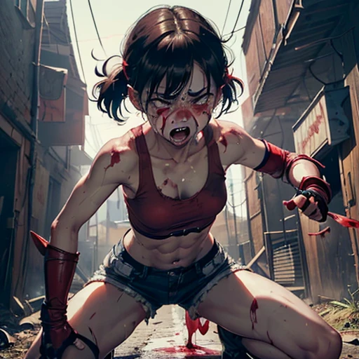 a male streetfighter is standing behind her. a bloody beautiful young Japanese female streetfighter is beated down in the backstreet. Blood is dripping from her nose. She is covered in scars and bruises. She's on all fours. she is damaged terribry. she was defeated. she lost the fight. she was knocked out. Short-cut black hair, out of breath, drooling from mouth, crying, exhausted, drenched in sweat. one eye closed, Erect nipples. open finger glove. denim shorts, sports-bra