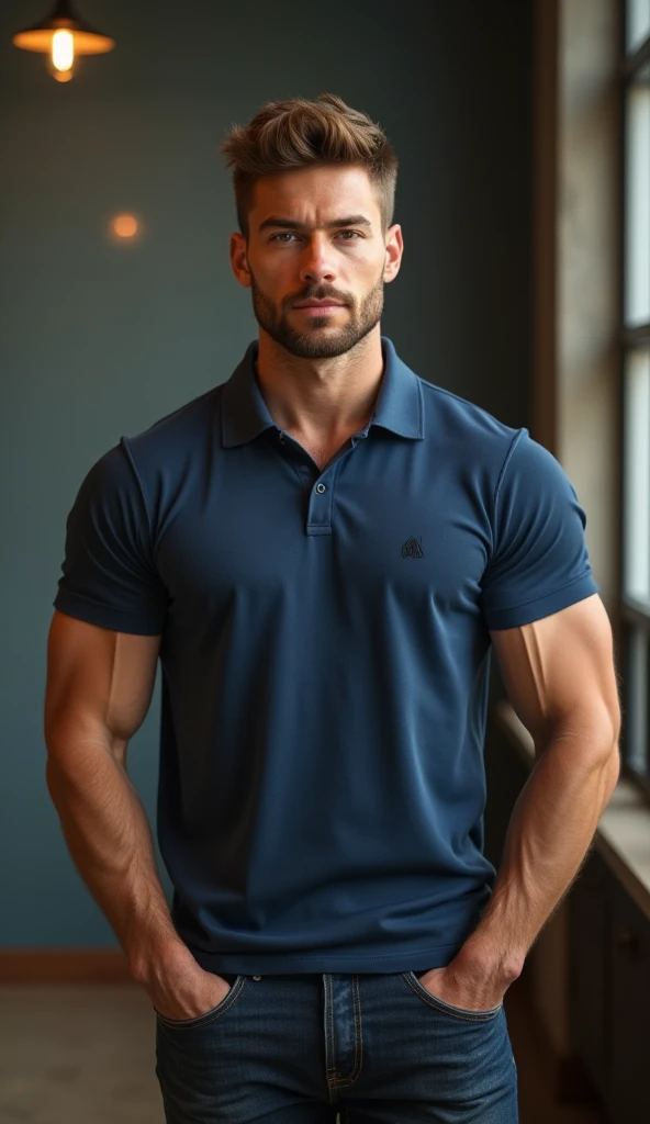An award-winning original photo，A wild muscular man, (40 years old daddy:1.1), 1boy, Solo, (blue classic t-shirt), (tool belt), (blue baseball cap), black hair, (big shoulders), musculature, stubbles, Short beard, Beautiful eyes:1.3, ), (Detailed face:1.3), wearing glasses, smiles, Dynamic Angle, volumetric lighting, (Best quality, A high resolution, Photorealistic), Cinematic lighting, Masterpiece, RAW photo, Intricate details, hdr, depth of field