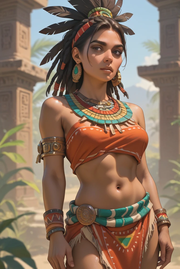 girl,teen, ancient aztec warrior, warrior gear, facepaint, body paint, mean look, spear holding in hand, accesories, exposed breasts, small breasts, naked breasts, topless, vibrant appearance, creative behavior, imaginative, sensual, spontaneous, highest quality, skin texture, intricate details, (cinematic lighting), RAW photo, 8k