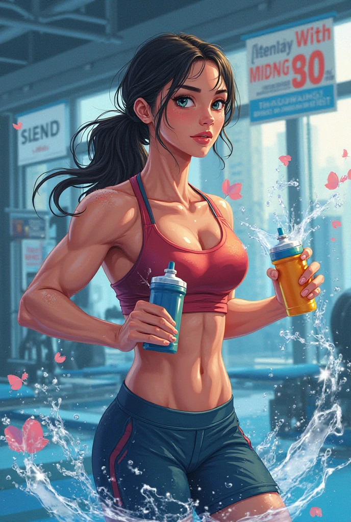 A female track and field athlete, 18 years old, drinking water from a water bottle, wearing a sports uniform, with black hair in a ponytail, red eyes, sweating, on a school sports field, bright sunlight, clear blue sky, summer, (best quality,4k,8k,highres,masterpiece:1.2),ultra-detailed,(realistic,photorealistic,photo-realistic:1.37),extremely detailed eyes and face,beautiful detailed eyes,beautiful detailed lips,longeyelashes,highly detailed athletic uniform,sweat glistening on skin,dynamic pose,sun flare,vibrant colors,cinematic lighting