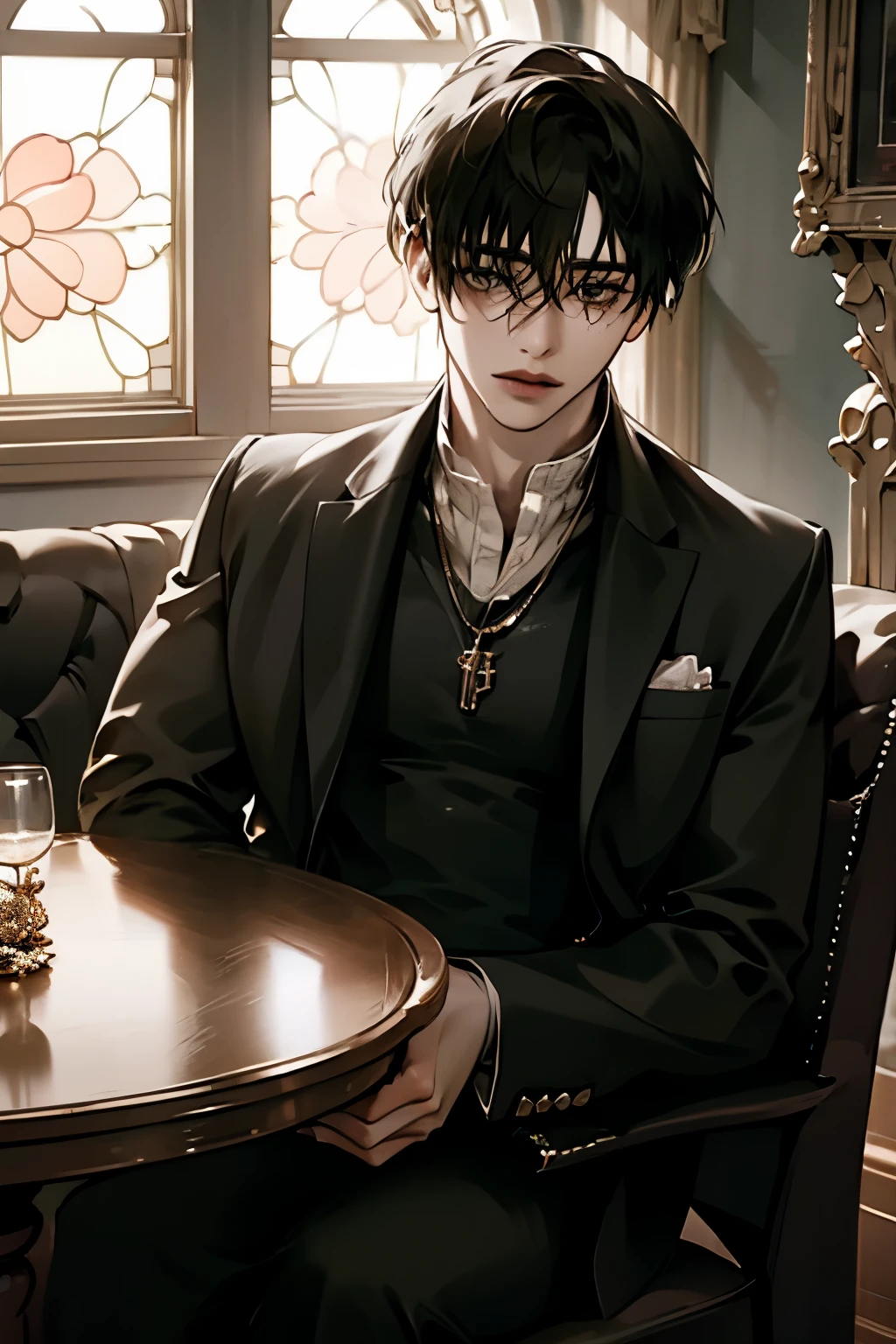 The image depicts a person with medium-length, slightly tousled hair wearing a dark, fitted jacket layered over a high-collared, dark shirt. The outfit is adorned with a prominent, intricate necklace, serving as an accessory that adds to the individual's stylish ensemble. The lighting appears to come from a window, suggesting an indoor setting with urban scenery visible in the background. The scene is enhanced with soft, natural lighting casting gentle shadows, contributing to a sophisticated and introspective atmosphere.