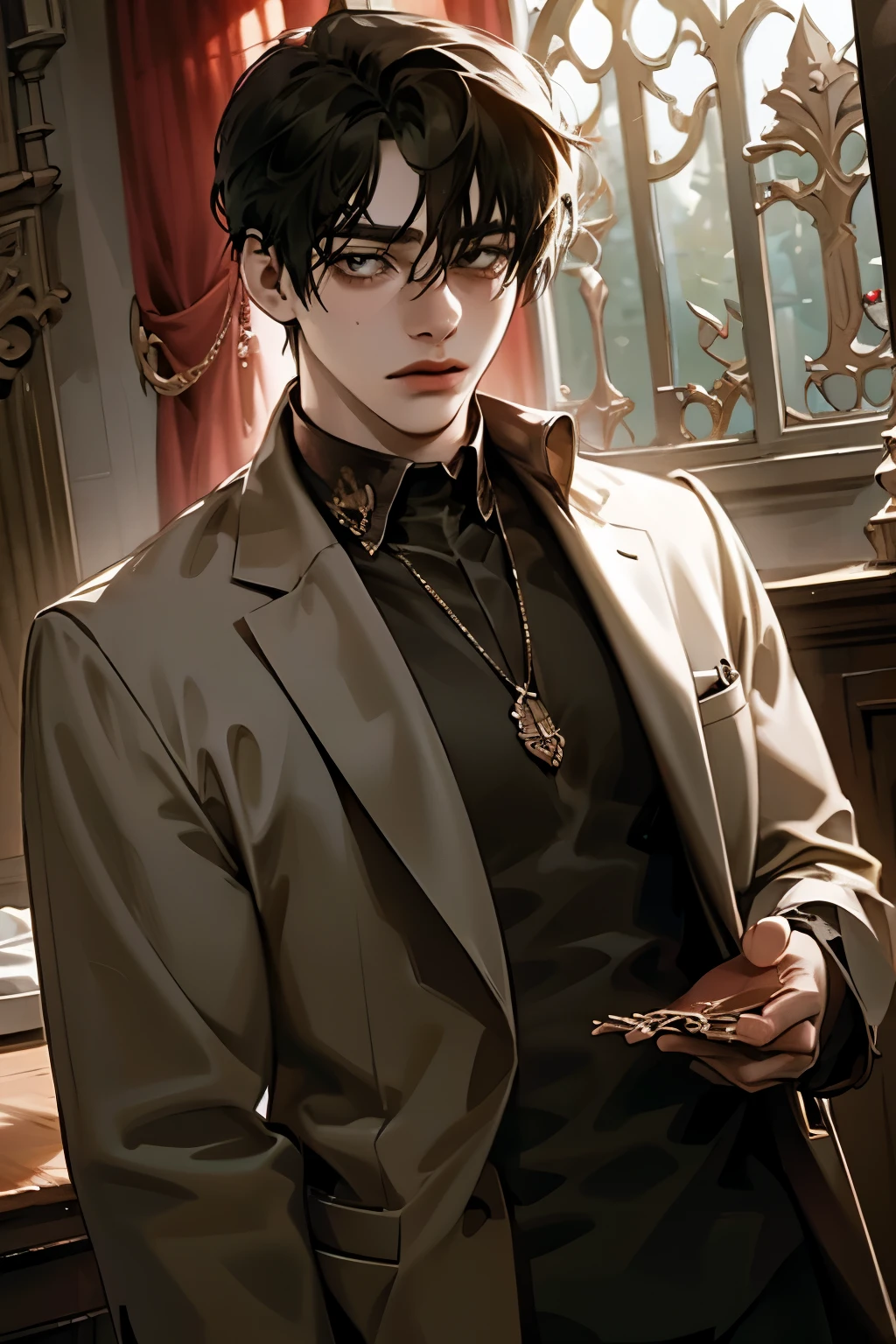 The image depicts a person with medium-length, slightly tousled hair wearing a dark, fitted jacket layered over a high-collared, dark shirt. The outfit is adorned with a prominent, intricate necklace, serving as an accessory that adds to the individual's stylish ensemble. The lighting appears to come from a window, suggesting an indoor setting with urban scenery visible in the background. The scene is enhanced with soft, natural lighting casting gentle shadows, contributing to a sophisticated and introspective atmosphere.