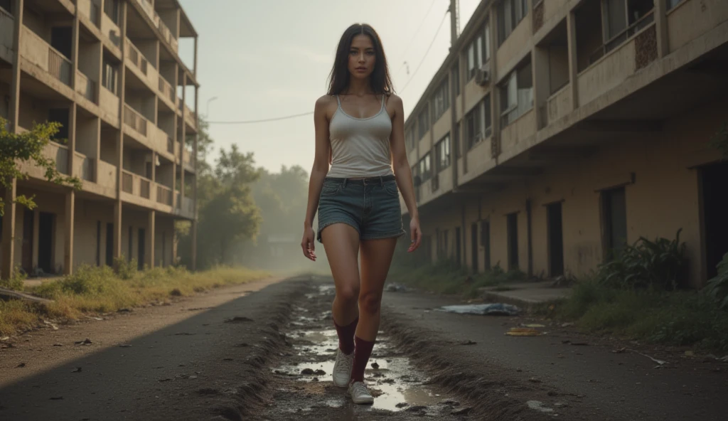 Woman in jean shorts in an abandoned building, lemdo um livro, paisagem linda de cinema-- seed 25365967