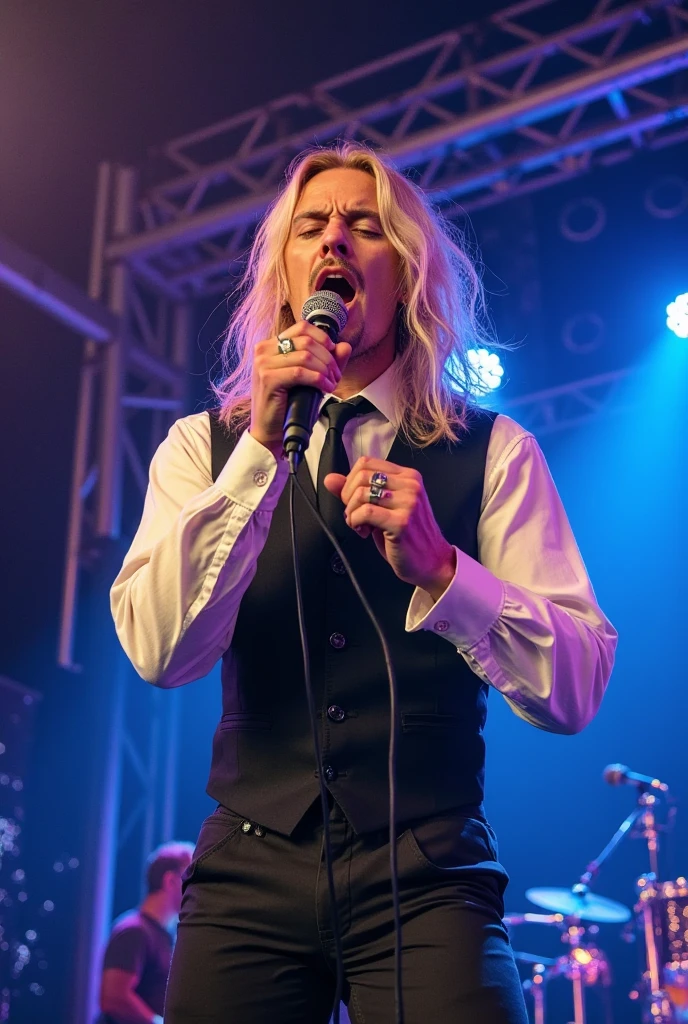 six feet, man, male, a vampire, wavy blonde hair, a little bit lower than shoulders length hair, no facial hair, blue eyes, short and narrow nose, well shaped mouth, thin lips, deathly white skin, glossy black fingernails, sharp cheekbones, long vampire fangs, slim build, dynamic posture, standing on the stage, rock concert, holding a microphone, singing, fishnet tank top, black leather pants, lestat de lioncourt by anne rice, portrayed by tom cruise